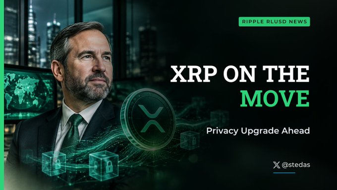 A news-style graphic titled 'XRP ON THE MOVE' with the subtitle 'Privacy Upgrade Ahead' and a 'RIPPLE RLUSD NEWS' tag in the top right. It features an image of a bearded man in a suit against a digital green background with an XRP logo, credited to @stedas.