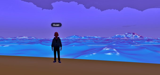 A 3D virtual environment showing a character labeled 'Guest' standing on a brown surface before a blue, wavy ocean-like landscape under a purple sky.