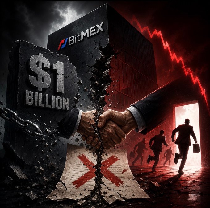 A shattered concrete block displays "$1 BILLION" alongside the "BitMEX" logo, symbolizing the collapsed sale, while a red downward trend line descends into the background where silhouetted businesspeople flee through a doorway, visually representing buyers walking away from the failed deal.