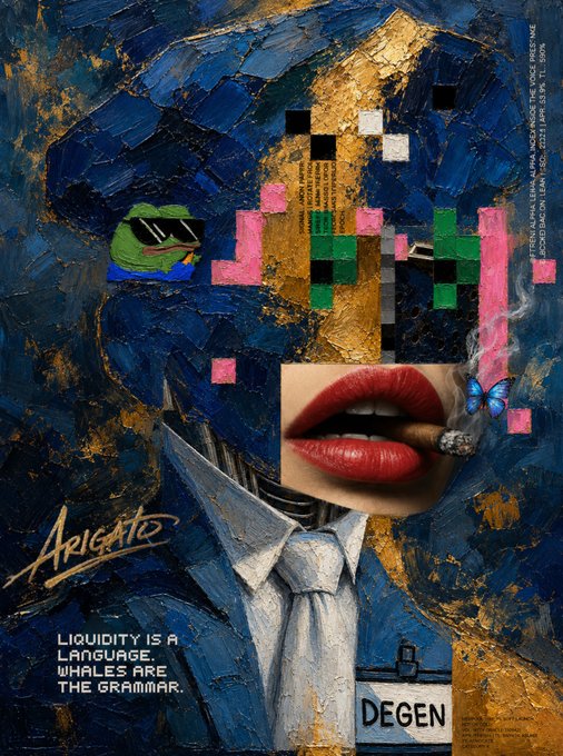 A surreal mixed-media art piece featuring a painted figure in a suit with pixelated head, a Pepe frog with sunglasses, red lips with a cigar and butterfly, with text reading 'Arigato' and 'LIQUIDITY IS A LANGUAGE. WHALES ARE THE GRAMMAR.'