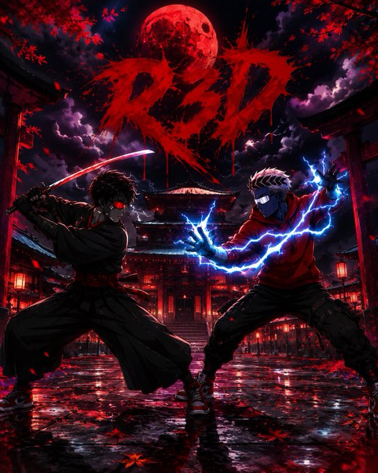 Anime-style artwork depicting two warriors clashing under a red blood moon, with the red stylized title text 'KAI' displayed against a Japanese temple backdrop.