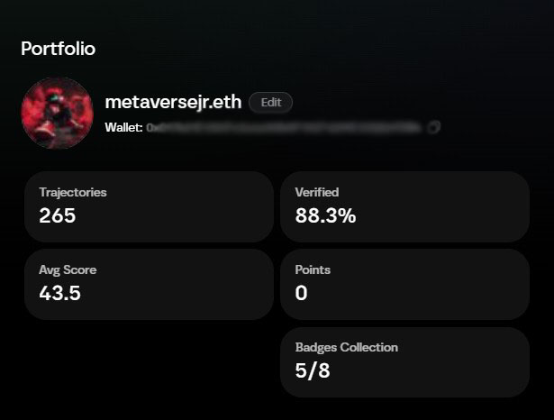 The image shows a portfolio dashboard for user "metaversejr.eth" displaying 265 trajectories with an 88.3% verification rate, an average score of 43.5, 0 points, and 5/8 badges collected, reflecting the user's active task completion progress in the simulation referenced in the post.