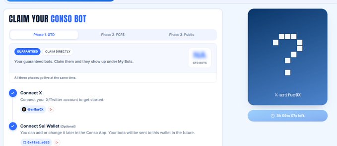 A blue-and-white webpage for “CLAIM YOUR CONSO BOT” shows phases labeled “Phase 1: OTD,” “Phase 2: FCFS,” and “Phase 3: Public,” with sections for “Connect X” and “Connect Sul Wallet (Optional).” A large blue card displays a pixelated question mark and the name “X arlfur0X,” while a countdown bar reads about “3h 09m 07s left.”