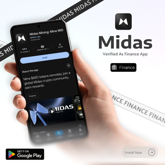 A promotional graphic displays a hand holding a smartphone showing the Google Play Store listing for 'Midas Mining: Mine MID' by MIDAS Labs, with text reading 'Midas Verified As Finance App'.