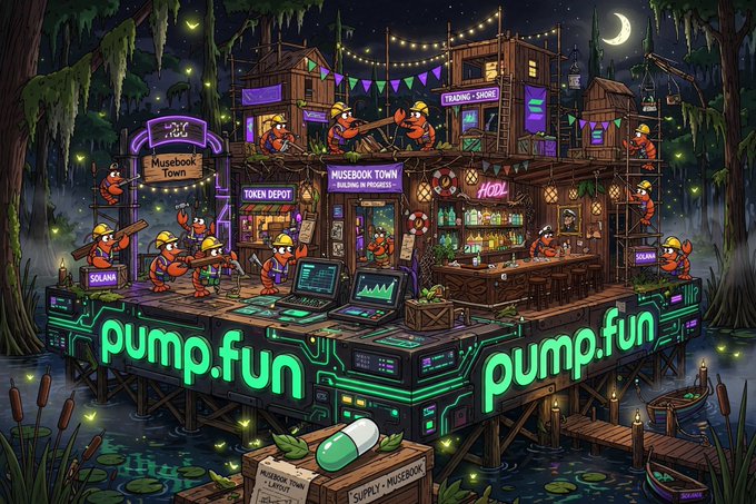A vibrant digital illustration of a nighttime swamp construction site labeled 'MUSEBOOK TOWN' with 'pump.fun' branding displayed on neon green signs, featuring cartoon worker characters in hard hats building wooden structures among hanging moss and string lights.