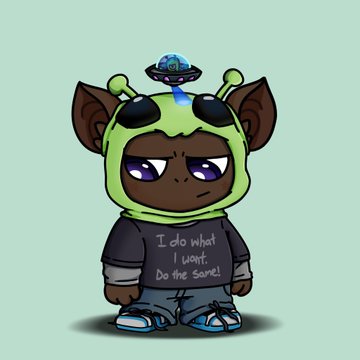 A chibi-style cartoon character with dark skin and purple eyes, wearing a green alien-themed hoodie with antennas and a tiny UFO, along with a shirt that reads "I do what I want. Do the same!"