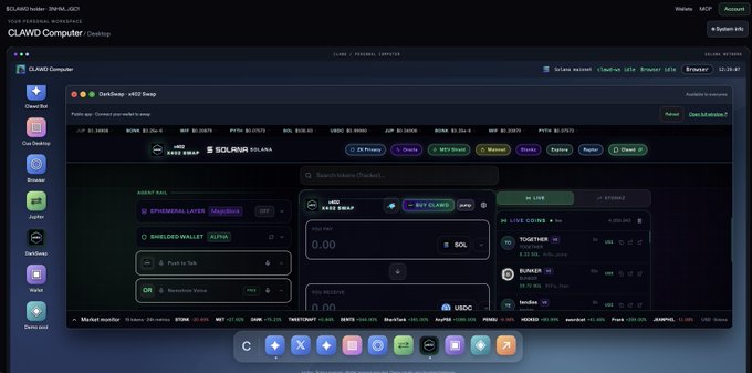 A screenshot of the CLAWD Computer desktop interface displaying the DriftSwap - x402 Swap application with Solana blockchain swap functionality.