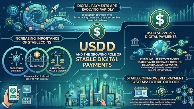 The image displays a colorful infographic or poster promoting USDD and stable digital payments, possibly for cryptocurrency transactions. The graphic features several people and coins within an urban setting, accompanied by text explaining the growing role of stable digital payments and their importance in the current financial landscape.