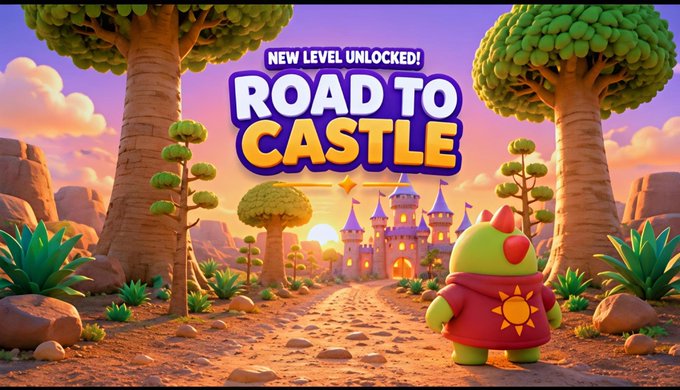 A colorful cartoon game graphic reads 'NEW LEVEL UNLOCKED! ROAD TO CASTLE' above a green creature character on a dirt path leading to a castle.