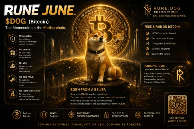 The image features a brown dog sitting on top of a building, with the text "Rune June" written above it. The background of the image is black, but there are yellow lines that stand out against the darkness. Below the dog, there's information about Bitcoin and its connection to the meme. The post mentions that the meme is about Bitcoin, and it also talks about how the meme is related to the character "Rune" in a humorous way.