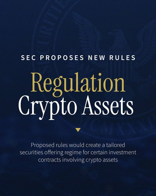 The image displays a navy blue announcement graphic with "SEC PROPOSES NEW RULES" at the top, followed by "Regulation Crypto Assets" in large gold and white text, with a description noting the proposed rules would create a tailored securities offering regime for certain investment contracts involving crypto assets.

The graphic visually reinforces the post's announcement of the SEC's "Regulation Crypto Assets" framework, serving as an official-looking announcement image with a faint eagle emblem, highlighting the agency's major new crypto-specific regulatory proposal.