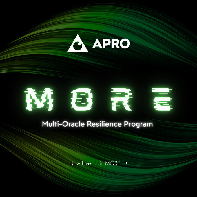 A promotional graphic for APRO's "MORE" (Multi-Oracle Resilience Program), featuring the APRO logo above large, glitch-effect green letters spelling "MORE" with the tagline "Multi-Oracle Resilience Program" and a call-to-action reading "Now Live. Join MORE →," all set against a dark background with flowing green light streaks that visually reinforce the program's emphasis on layered, multi-source stability.