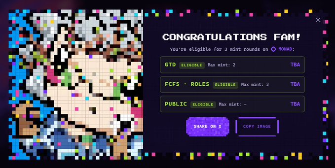 A pixel art 'CONGRATULATIONS FAM!' notification screen stating eligibility for 3 mint rounds on Monad, with rows for GTD, FCFS·ROLES, and PUBLIC categories.