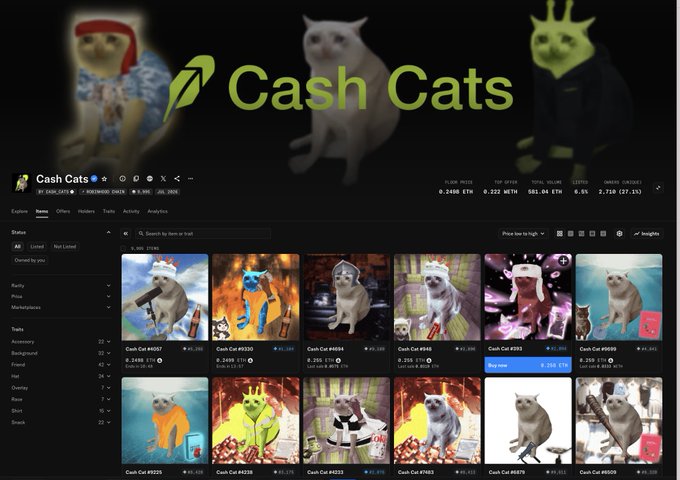 A screenshot of the "Cash Cats" NFT collection marketplace page displays multiple cat-themed digital assets with prices in ETH (ranging from 0.26 to 0.55 ETH), a total volume of 581.04 ETH, and a 6.5% listed percentage, fitting with the celebratory "ggs :)" caption suggesting the collection's success or milestone achievement.