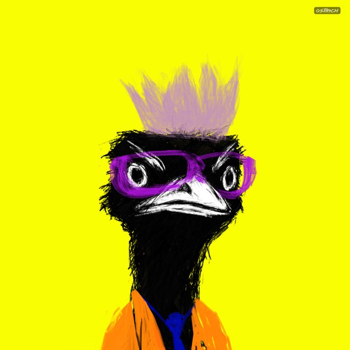 A rough digital sketch of a black bird character with pink spiky hair, purple glasses, and an orange suit against a bright yellow background, with "OGTRICH" watermarked in the corner.