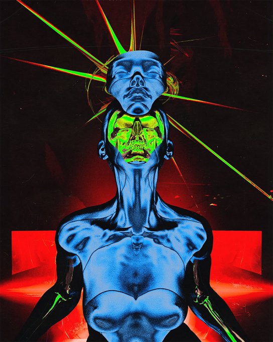 The image features a woman with blue skin, wearing a black outfit that includes a headdress. She has her arms crossed over her chest and appears to be sitting or standing still. The background of the image is dark red, which contrasts with the blue skin of the woman. The caption "Gm World" suggests that this artwork might be related to GM World, possibly as part of an art project or exhibition.