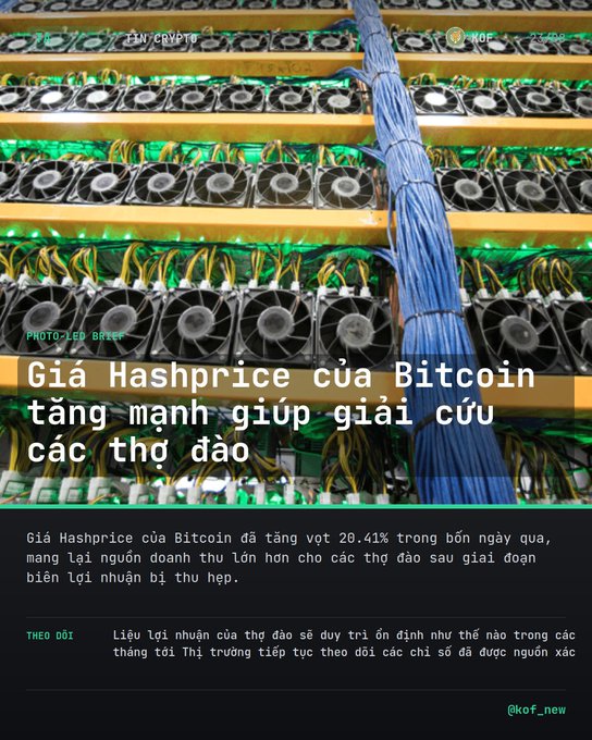 A Vietnamese news graphic showing Bitcoin mining equipment with text about Bitcoin's hash price increasing by 20.41% to save miners.