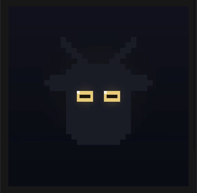 Dark pixel art of a shadowy creature with glowing yellow rectangular eyes against a black background.