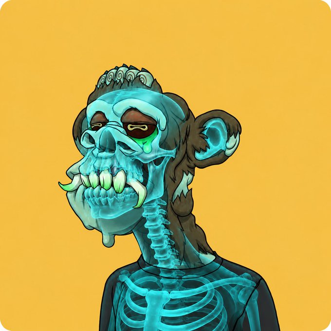 Stylized illustration of an undead monkey skeleton with glowing blue eyes and exposed teeth, set against a yellow background.