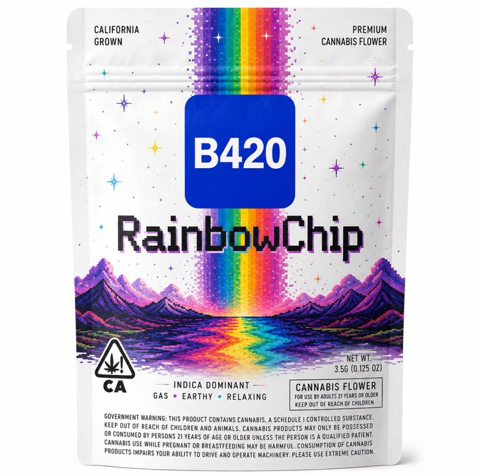 A "B420 Rainbow Chip" cannabis product package indicating it is California-grown premium cannabis flower, indica-dominant, with a net weight of 3.5g and a government warning.