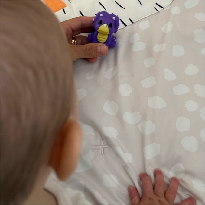 An adult's hand shows a small purple triceratops dinosaur toy to a baby lying on a gray polka-dot blanket, illustrating a teaching moment about the JurassicFi ($RAWR) RWA project and prehistoric history.