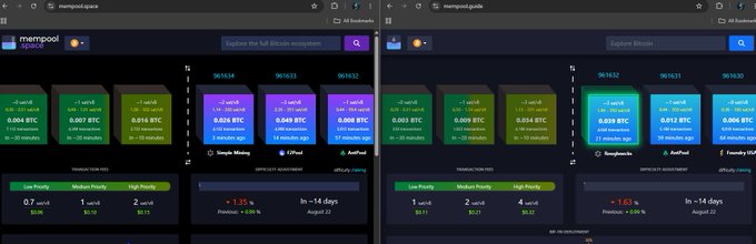 Side-by-side screenshots of the mempool.space website showing Bitcoin fee statistics, transaction data, and pricing tiers including 'Simple Mining', 'OPiPool', 'BeepBoop', and 'Twenty7AI'.