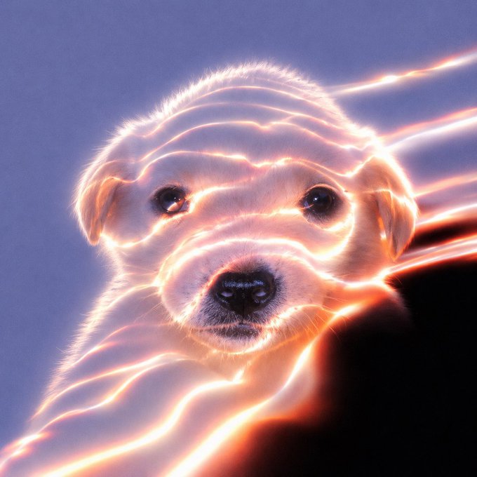 A glowing puppy with neon orange light streaks radiating from its body, symbolizing a "new ATH" (all-time high) for the dog meme, with the energy bursts visually representing the excitement of hitting a new peak on USDC.