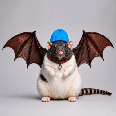 A small rodent wearing a blue knit cap and bat wings stands on its hind legs against a light gray background.