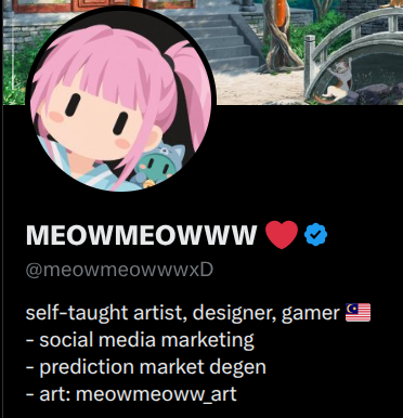 A social media profile card for 'MEOWMEOWWW' (@meowmeowwwxD) with a pink-haired anime avatar, described as a 'self-taught artist, designer, gamer' with interests in social media marketing and prediction markets.