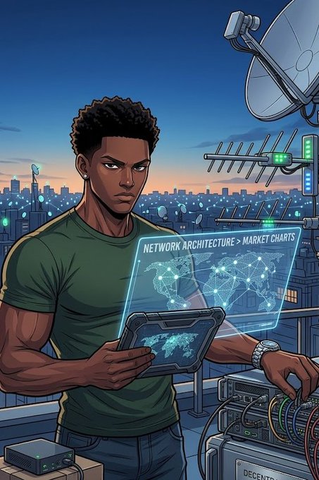 A comic-style illustration of a man with an afro on a rooftop at dusk holding a tablet that displays 'NETWORK ARCHITECTURE > MARKET CHARTS' with a world map, alongside a satellite dish and network equipment.