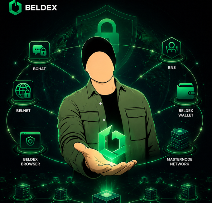 A promotional graphic for 'BELDEX' featuring a faceless figure holding a glowing green logo, surrounded by icons for 'BCHAT', 'BELNET', 'BELDEX BROWSER', 'BNS', 'BELDEX WALLET', and 'MASTERNODE NETWORK' over a green digital network background.