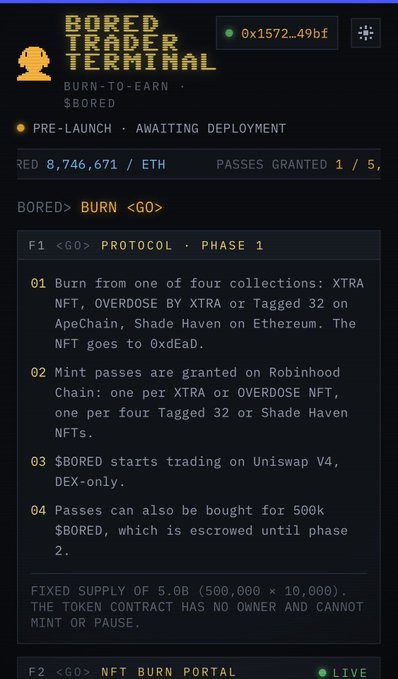 A 'BORED TRADER TERMINAL' interface showing a burn-to-earn pre-launch crypto project with protocol details, mentioning NFT burns from collections like XTRA, OVERDOSE BY XTRA, and Tagged 32, with 8,746,671 $BORED burned.