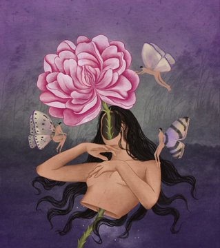 An artwork showing a woman with a pink rose for a head, butterflies emerging from her shoulders against a purple background.