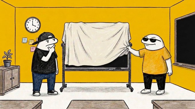 A cartoon illustration showing two figures in a yellow room; one wearing a black hat thoughtfully observes as the other, wearing sunglasses, unveils a cloth-covered object on a stand.