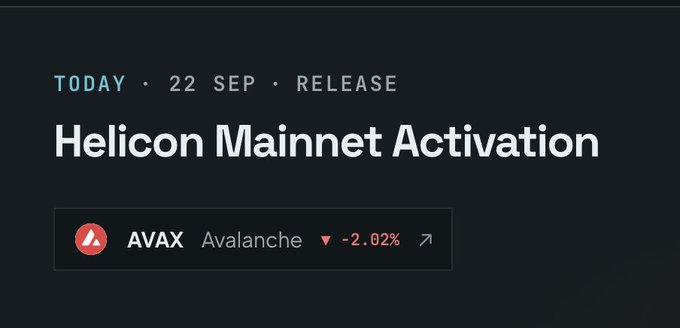 A dark-themed graphic displays 'TODAY · 22 SEP · RELEASE' above the title 'Helicon Mainnet Activation', with a ticker showing AVAX Avalanche down -2.02%.