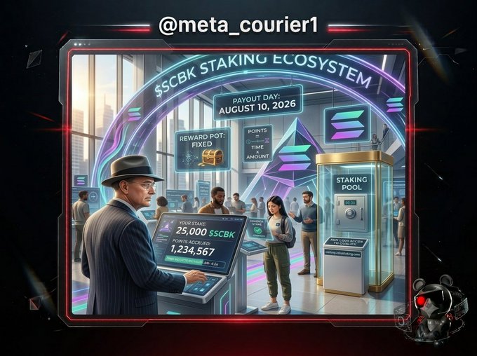 A stylized graphic depicting a '$SCBK STAKING ECOSYSTEM' with a payout day of August 10, 2026, showing users interacting with a staking kiosk to accumulate points and earn rewards.