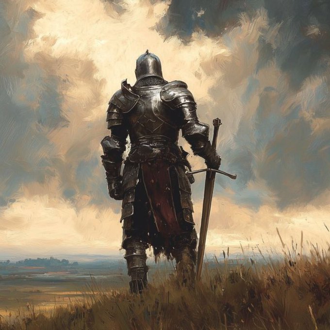 An oil painting depicts a knight in full plate armor standing with their back to the viewer, holding a sword planted in the ground while looking out over a vast landscape under a cloudy sky.