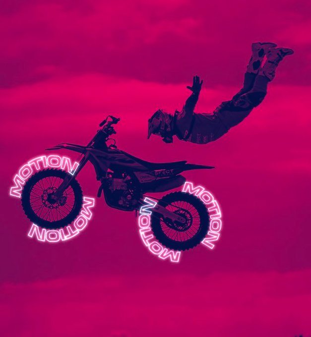 A stylized pink/magenta-tinted action shot of a motocross rider mid-fall off their bike, with the word 'MOTION' glowing in neon around the wheels.