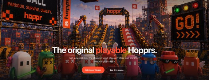 A webpage screenshot for the game "hoppr" showing colorful mascot characters and text reading "The original playable Hopprs." and "PARKOUR. SURVIVE. QUALIFY."