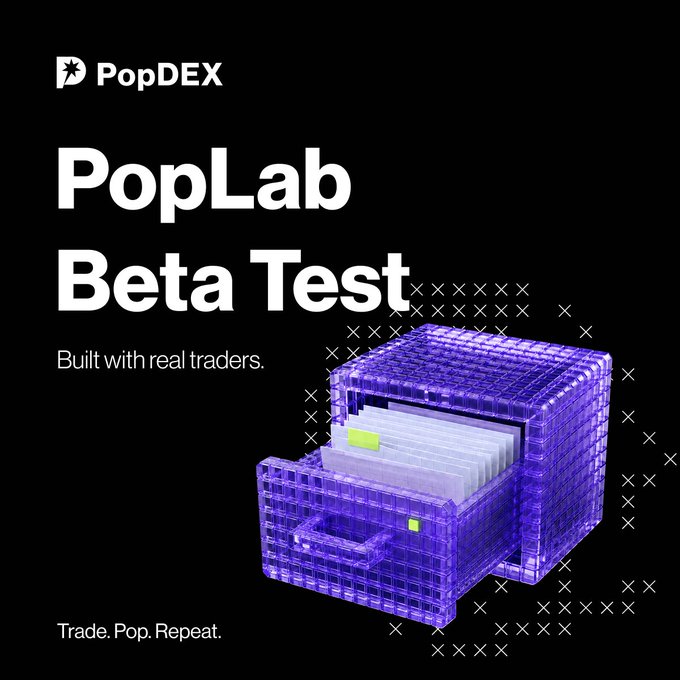 A promotional graphic for PopDEX's PopLab Beta Test with the tagline 'Built with real traders' and 'Trade. Pop. Repeat.'