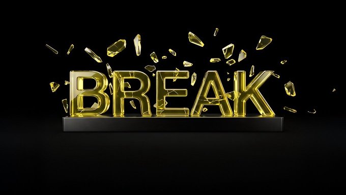 The image features the word "BREAK" in bold, glowing golden letters shattering apart, with glass-like fragments exploding outward against a black background. This dramatic visual reinforces the post's promotion of a discounted "Break Account," symbolizing breaking through barriers with the featured prop firm offer.