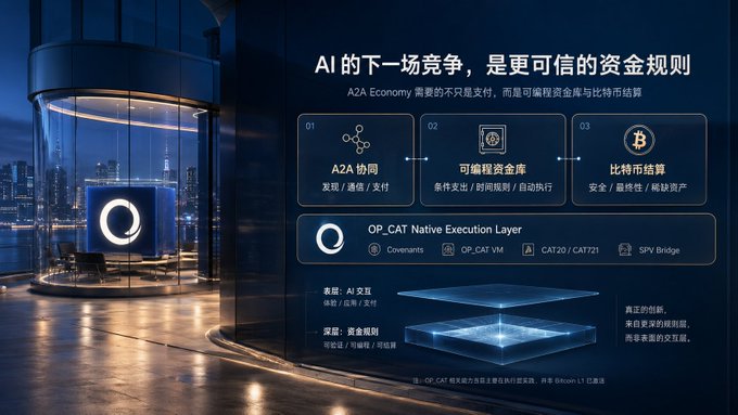 A dark, futuristic presentation slide titled 'AI的下⼀场竞争，是更可信的资金规则' (The next competition in AI is more trustworthy capital rules), featuring the OP_CAT Native Execution Layer with Bitcoin (BTC) and OP_CAT mentions, displayed against a city nightscape background.