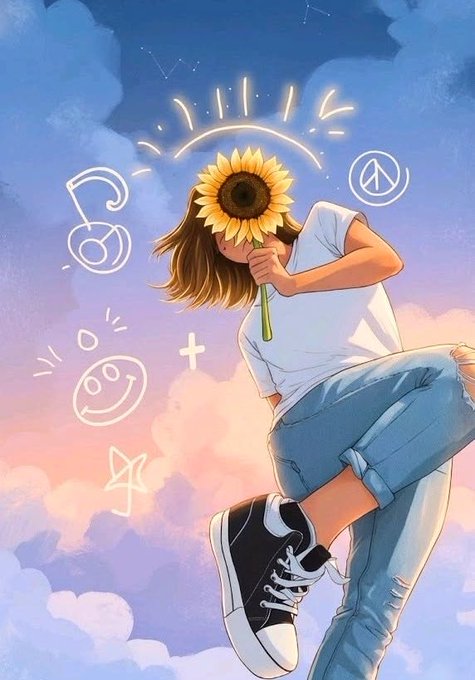 An illustration of a girl in a white t-shirt and jeans holding a sunflower over her face, surrounded by floating doodles including a peace sign, star, and smiley face against a cloudy sky background.