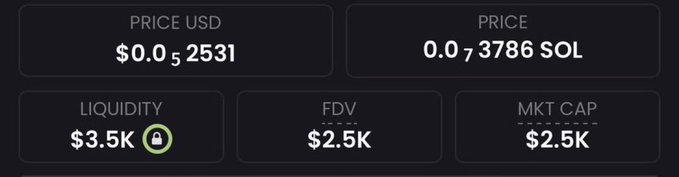 A dashboard snippet showing a token priced at $0.052531 USD (0.073786 SOL) with only $3.5K locked liquidity, $2.5K FDV, and $2.5K market cap—matching the "$3K market value" coin being hyped in the post promising a 1000x to $10M.