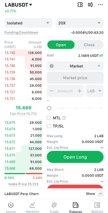 A screenshot of a crypto futures trading interface displays the LABUSDT pair showing a 2.71% gain, a current price around 15.689, an order book with bids and asks, and an 'Open Long' button.