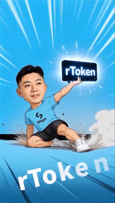 A cartoon caricature of a man wearing a blue 'Bitget' shirt holding up a phone displaying 'rToken', with 'rToken' text at the bottom against a blue sky background.