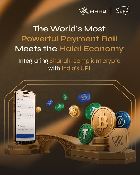 A promotional graphic reads 'The World's Most Powerful Payment Rail Meets the Halal Economy' featuring logos for MRHB and SAHAL, integrating Shariah-compliant crypto with India's UPI, showing a smartphone interface and cryptocurrency coins.