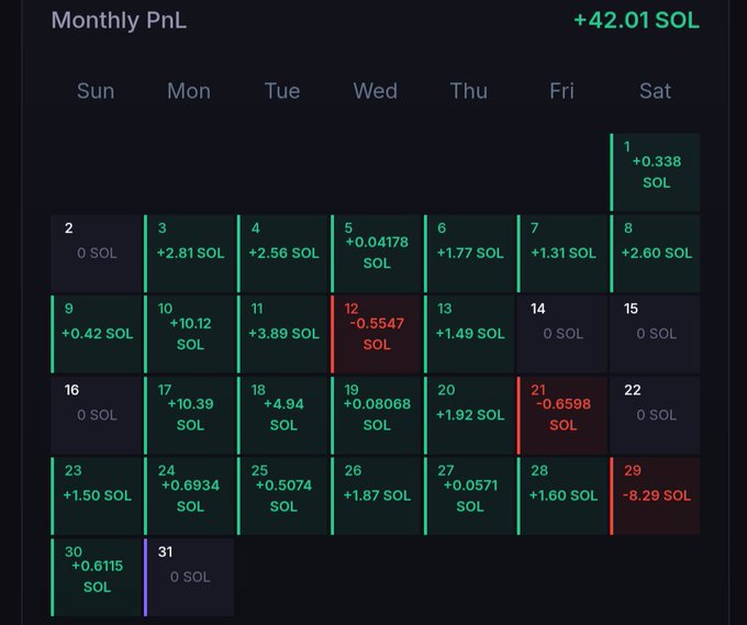 A 'Monthly PnL' calendar displays daily cryptocurrency profit and loss in SOL, showing a total of '+42.01 SOL' with green indicating gains and red indicating losses.