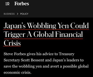 A Forbes article headline reads "Japan's Wobbling Yen Could Trigger A Global Financial Crisis," in which Steve Forbes advises Treasury Secretary Scott Bessent and Japan's leaders on saving the yen to avert a potential global economic downturn—context the accompanying post uses to suggest Japan's alleged XRP adoption is strategically linked to impending financial instability.
