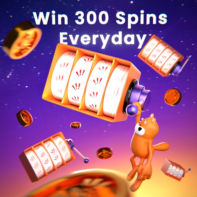 A vibrant promotional graphic with a purple and orange cosmic background features the text "Win 300 Spins Everyday" alongside floating slot machine reels, gold coins, and a playful orange cat mascot. The image visually reinforces the BONKplay daily leaderboard promotion, highlighting the prize of up to 300 free spins.